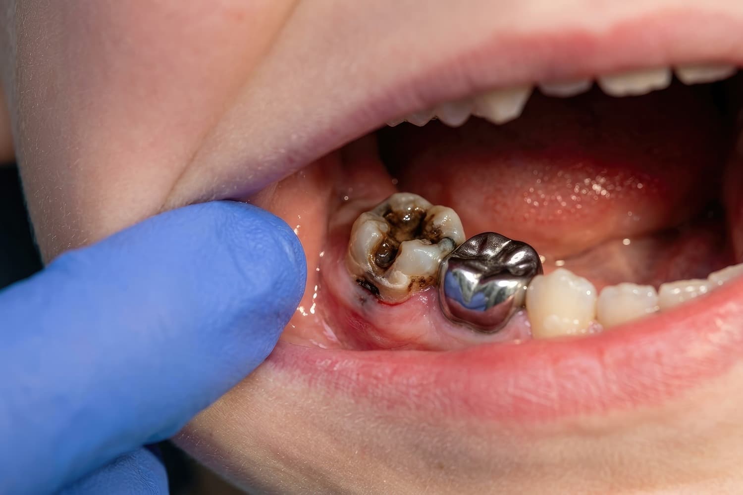 AdobeStock_2097157881 v2 Pediatric dentist examines a decayed tooth in need of dental crowns for kids in Pacific Grove CA