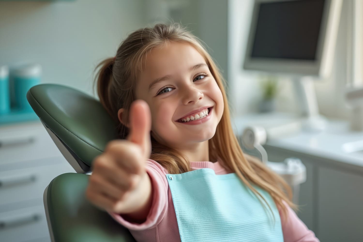 AdobeStock_1837489954 v2 Little girl gives the camera a thumbs up at her Routine Pediatric Dental Check-Up in Pacific Grove CA